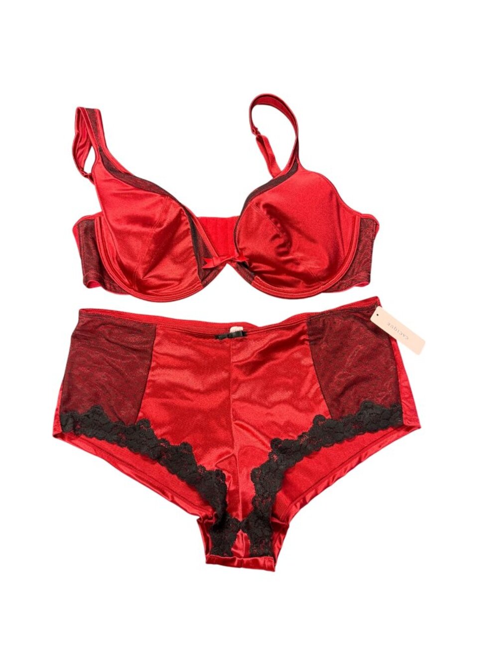 Cacique NWT Lane Bryant Red Satin Lace Bra Panty Set 40D 14/16 Ruby Black Mesh